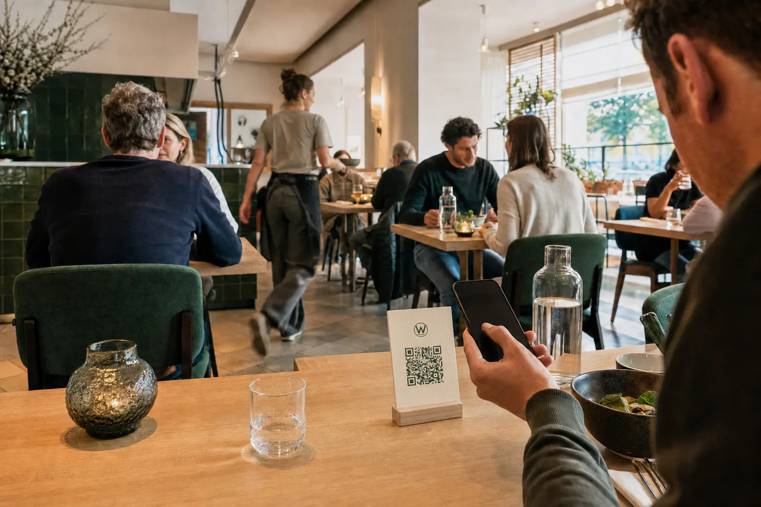 Restaurantgast met telefoon naast een QR-kaart op tafel