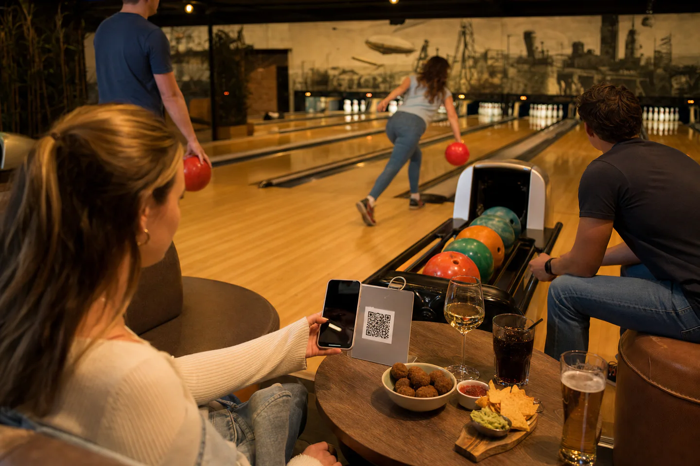 Bowlers bestellen eten en drinken met een QR-code naast de bowlingbaan