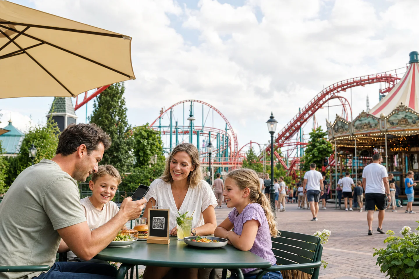 Gezin bestelt via QR-code op een pretparkterras met attracties op de achtergrond